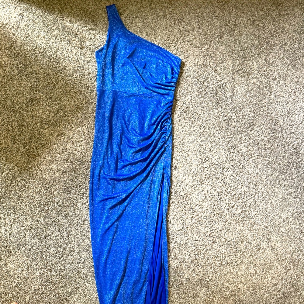 Blue sparkly gown . One shoulder bodycon with slit